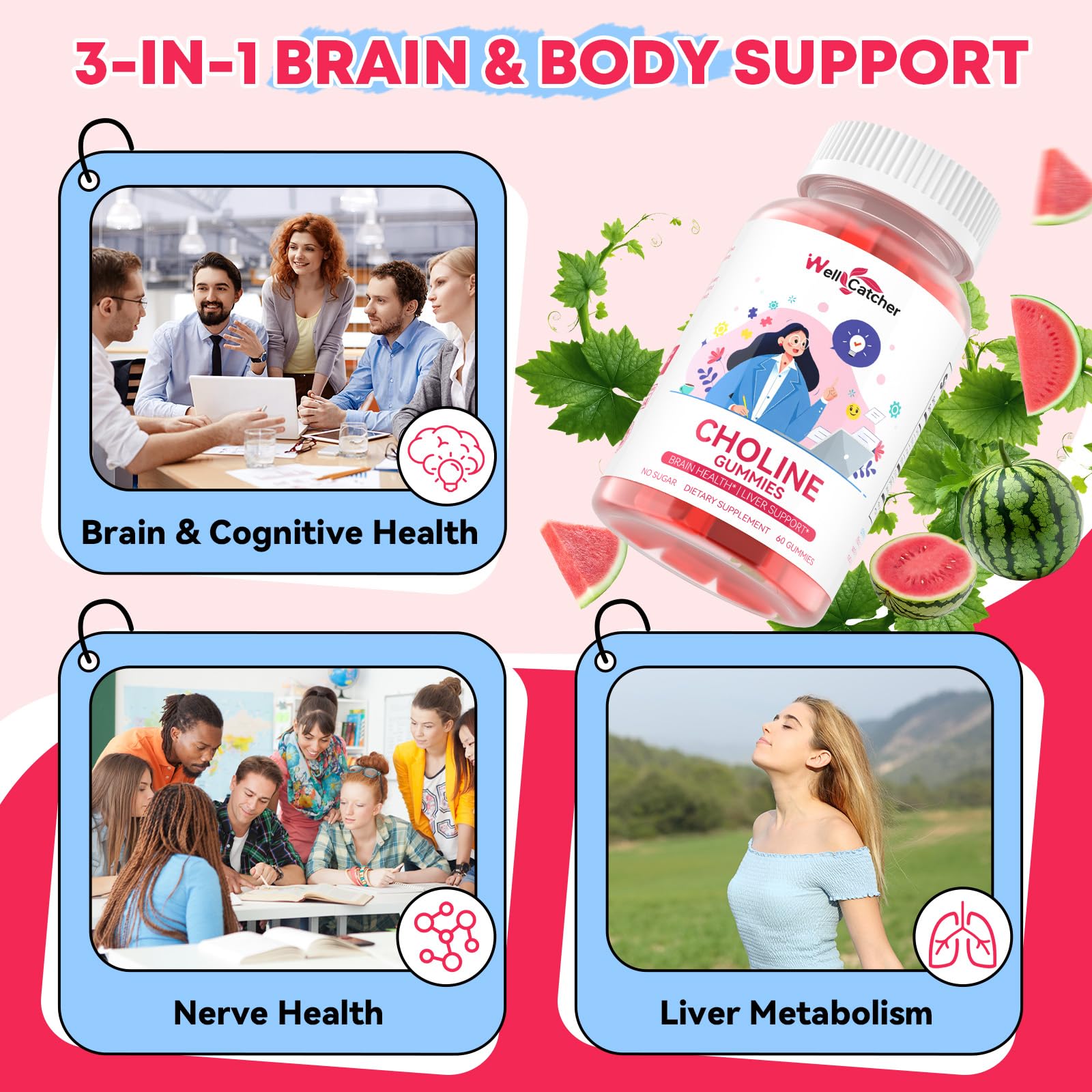 CDP Choline Supplement Gummies 550 mg: Citicoline Brain Supplement for Memory Focus Liver Health with DHA B12, High Potency Sugar Free Vegan Watermelon Flavor 30 Days — Amazon image 3