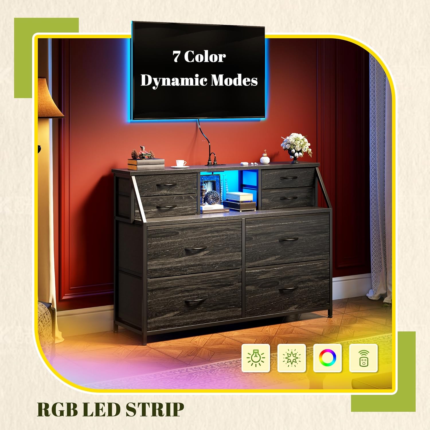 Romorgniz Dresser for Bedroom with Power Strip & LED, 8 Drawers Dresser with Extra 2 Open Shelves for Organization, Small Chest of Drawers for Hallway, Entryway, Black