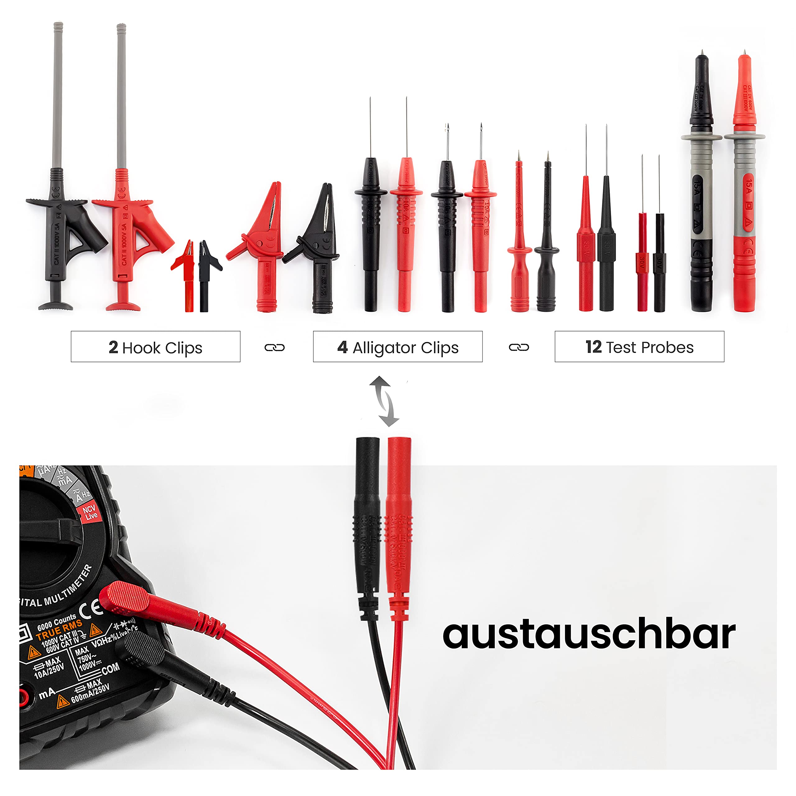 KAIWEETS Messleitungen Prüfkabel Kits 23-Teilige Elektronische Kabel mit Krokodilklemmen für digitales Multimeter