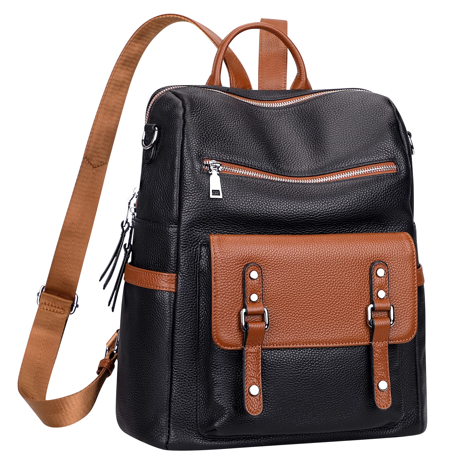 Over Earth Genuine Leather Backpack Purse for Women Fashion Shoulder Bag Ladies Crossbody Handbag(O188E Black/Brown RP)