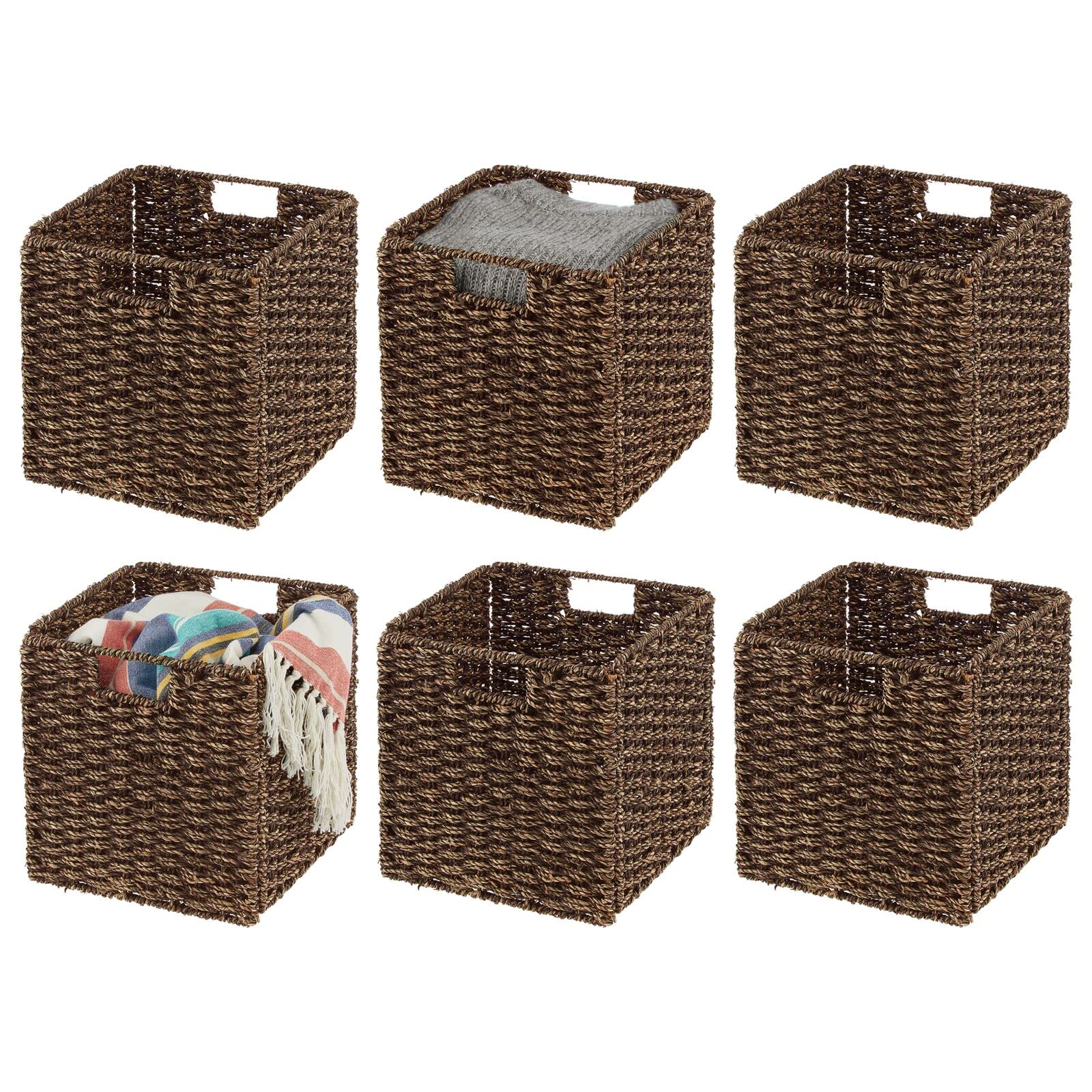mDesign Seagrass Woven Cube Basket Organizer with Handles - Storage for Bedroom, Office, Living Room, Bathroom, Perfect for Cubby Storage Units - Hold Blankets, Magazines, Books - 6 Pack - Brown Wash