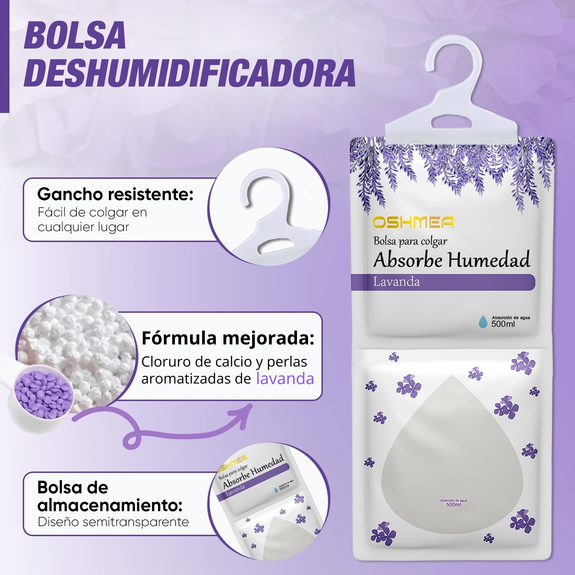 Pack 10 Bolsas Antihumedad PREMIUM de 500ML Función 2 EN 1 Deshumidificador Armario con Aroma Lavanda. Bolsas Absorbentes de Humedad y Condensación. Quita Moho y Olores en Armarios, Ropa, Casa