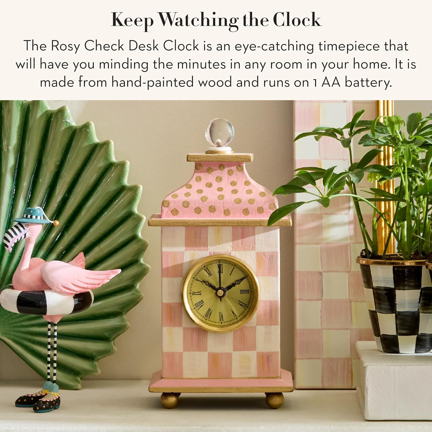 MACKENZIE-CHILDS Desk Clock, Decorative Analog Clock for Living Room or Office, Pink-and-White Rosy Check