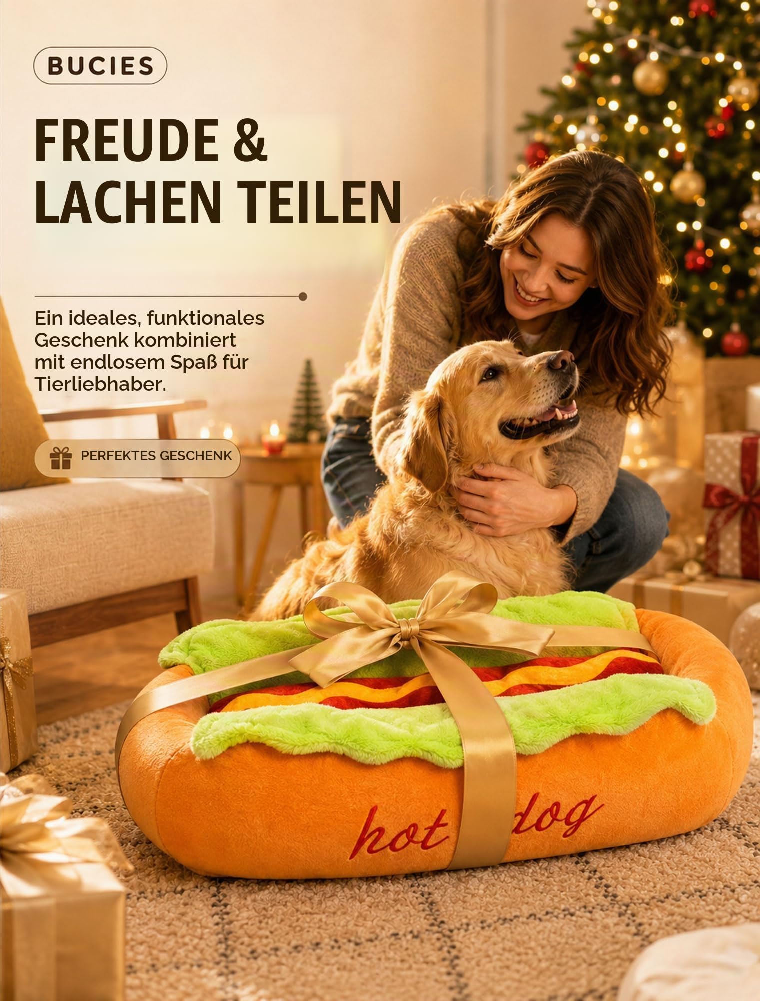 Pealeaf Hot Dog Hundebett für kleine Hunde und Katzen, niedliches Plüsch Haustierbett mit herausnehmbarem waschbarem Kissen, warmes Schlafnest für Dackel und Welpen (M)