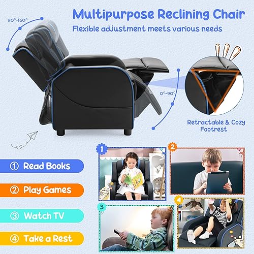 Miniatura 14 de Costzon Silla reclinable para niños, silla reclinable para juegos con bolsillos laterales, reposapiés, reposacabezas y soporte lumbar para rosado,