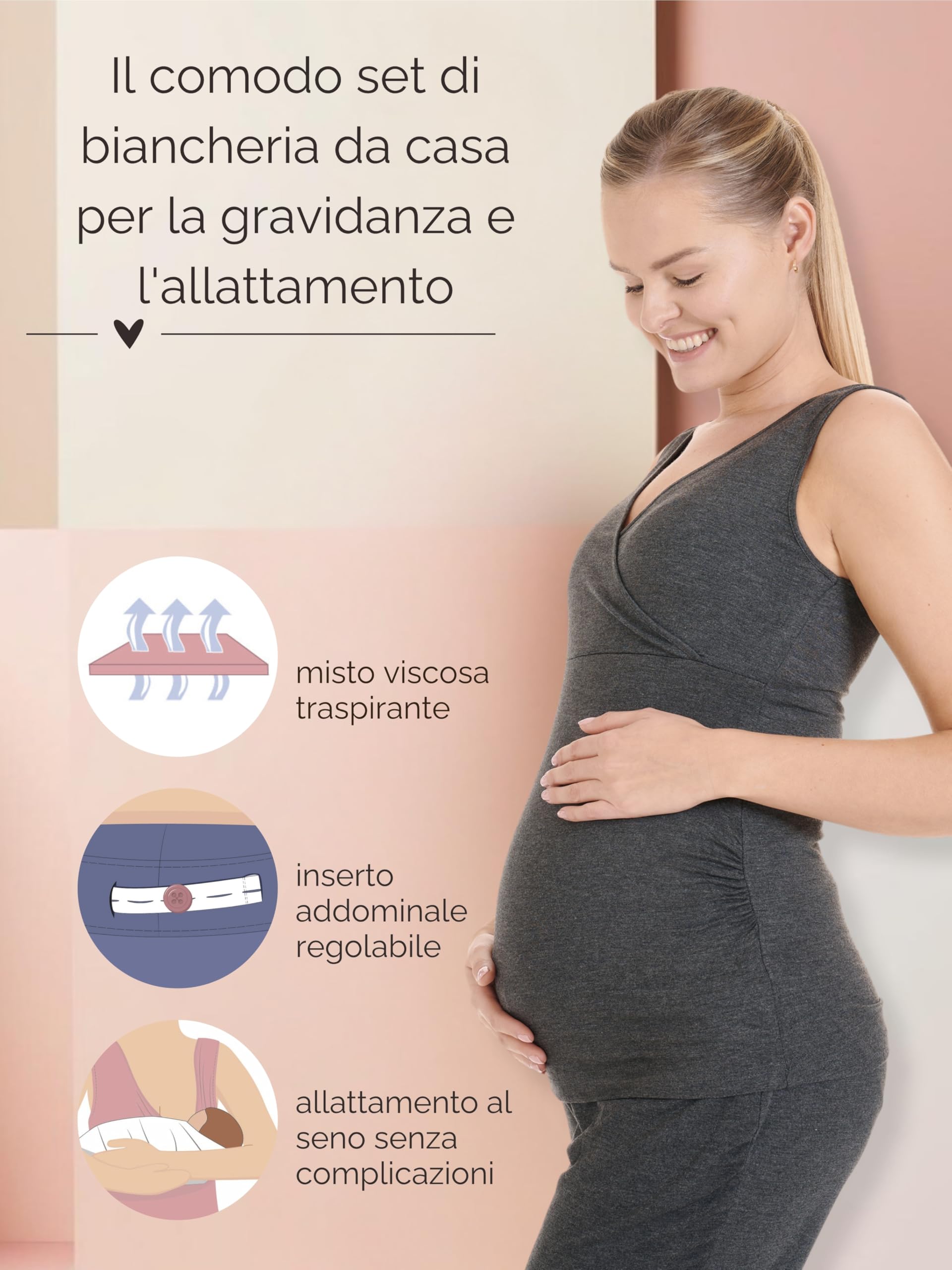 Herzmutter Pigiama Premaman - Set Pigiama Allattamento maternità - 3 Pezzi - Abbigliamento Casa per Gravidanza e Allattamento - 8100