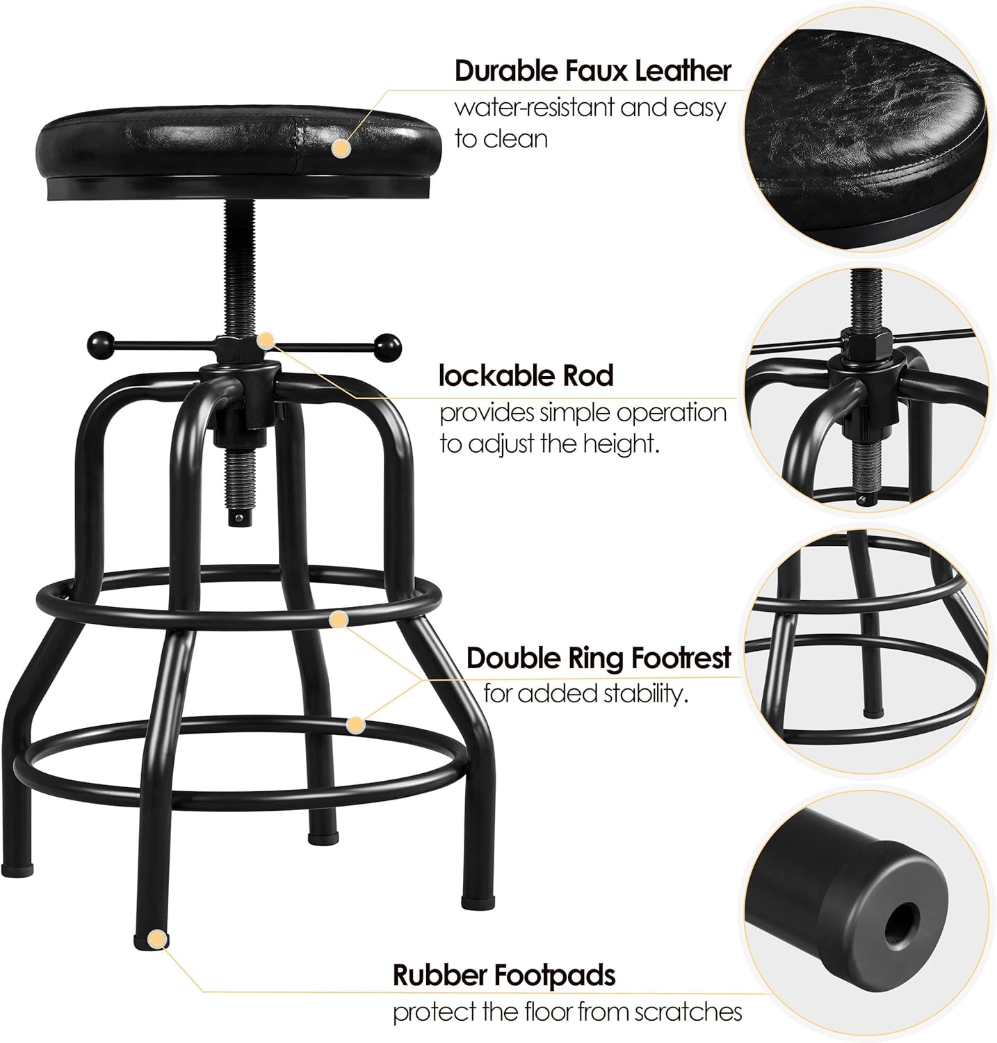 Yaheetech Industrial Bar Stools Vintage Counter Height Adjustable Metal Bar Stool with Round Faux Leather Seat Kitchen 21.5-28 Inch Tall Black, 1PCS
