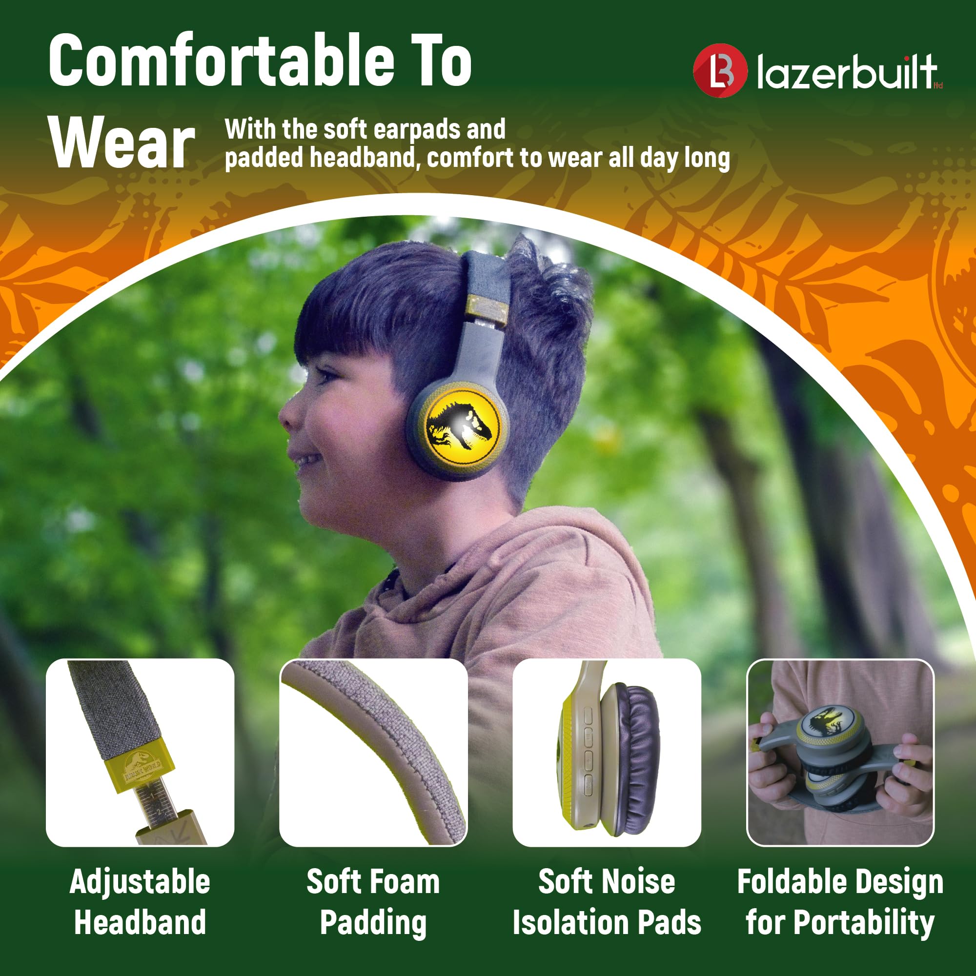 Jurassic World Auriculares 2 en 1 con Bluetooth y cable iluminados con diadema ajustable y controles de auriculares. Micrófono integrado para hacer y recibir llamadas telefónicas