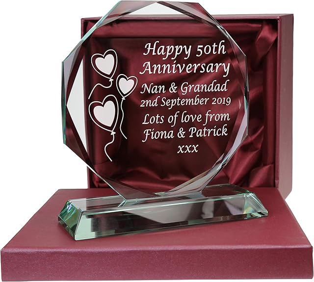 De Walden 50th Golden Wedding anniversary Engraved Presentation Cut Glass Gold 50 Years gift