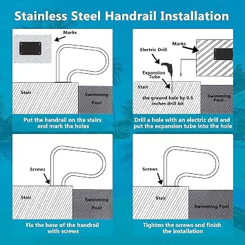 Pool Handrail,1 PCS Swimming Pool Stair Rail Easy to Install 304 Stainless Steel Hand Grab Rail, Pool Hand Rail for Inground Swimming Pools