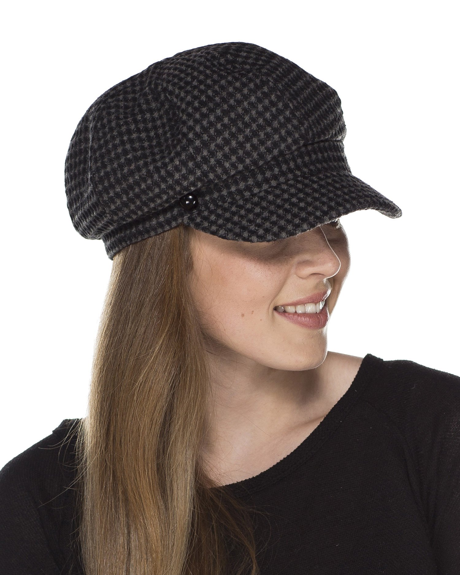 I-Smalls Women's Belle Black Belle Basket Weave Bakerboy Hat With Stud Trim (Black)