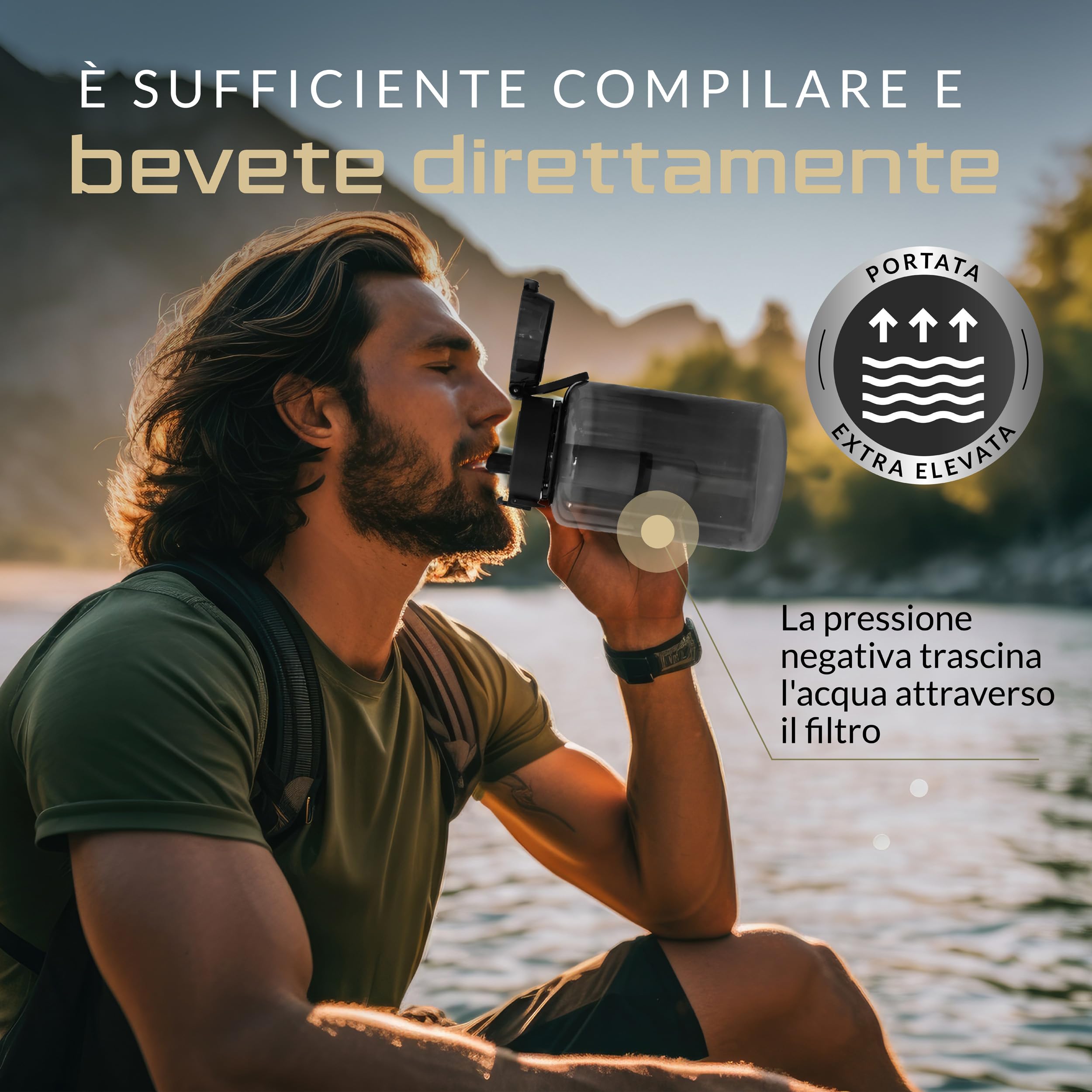 BERGKVIST® Bottiglia con filtro per acqua da esterno FJÄLLKLAR, 1l, nero | Borraccia da 1 litro con filtro di AHLSTROM® per acqua potabile pulita per campeggio, escursioni e sopravvivenza