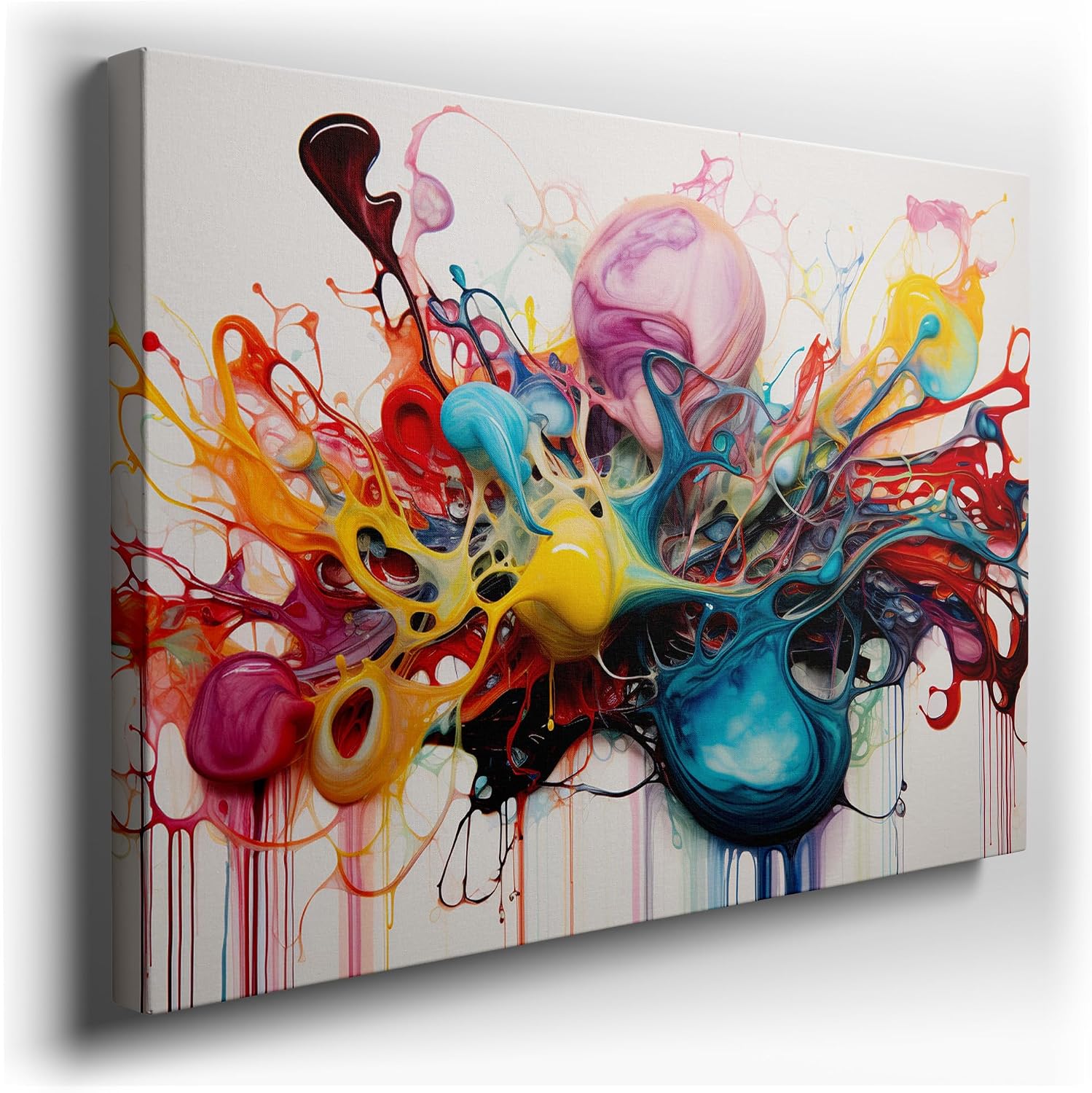 Canvas for Living room. Explosive Hues and Fluid Energy � A Dance of Red, Yellow, Blue, and Pink on Canvas, 27 x 18 inch Canvas Wall Art - Modernist Expressions - Zen Wall Decor