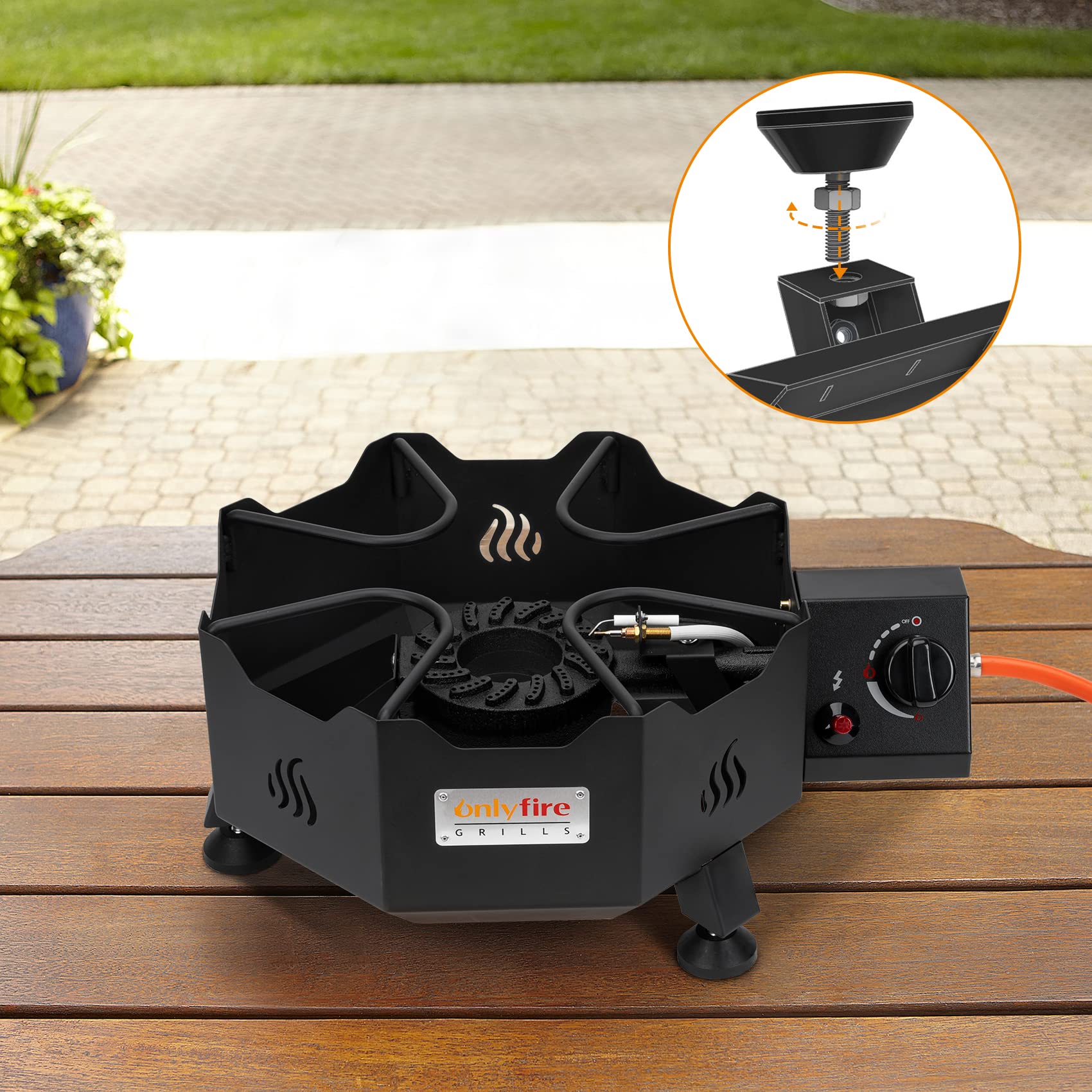 Onlyfire 5.2Kw Campingkocher | Gas-Hockerkocher | Wok Gasbrenner mit Verstellbare & Abnehmbare Füße, Outdoor Gasherd Camping Gaskocher Grill inkl. Gasschlauch und Gasdruckregler