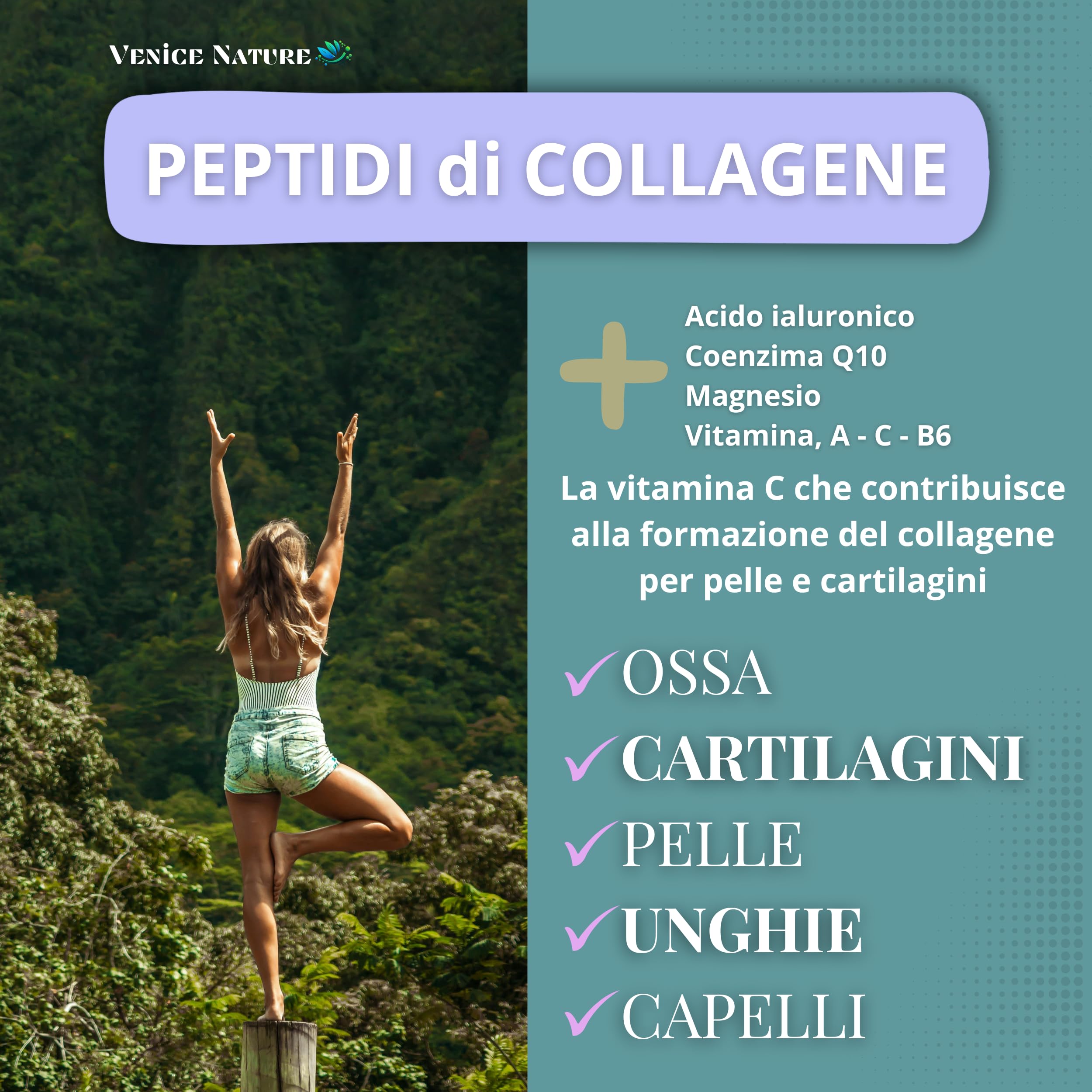 Collagene e Acido Ialuronico - Collagene Idrolizzato con Acido Ialuronico Coenzima Q10 + Vitamina C + Magnesio, Vitamina A - B6 - Collagene Completo Integratore - Collagen Venice Nature