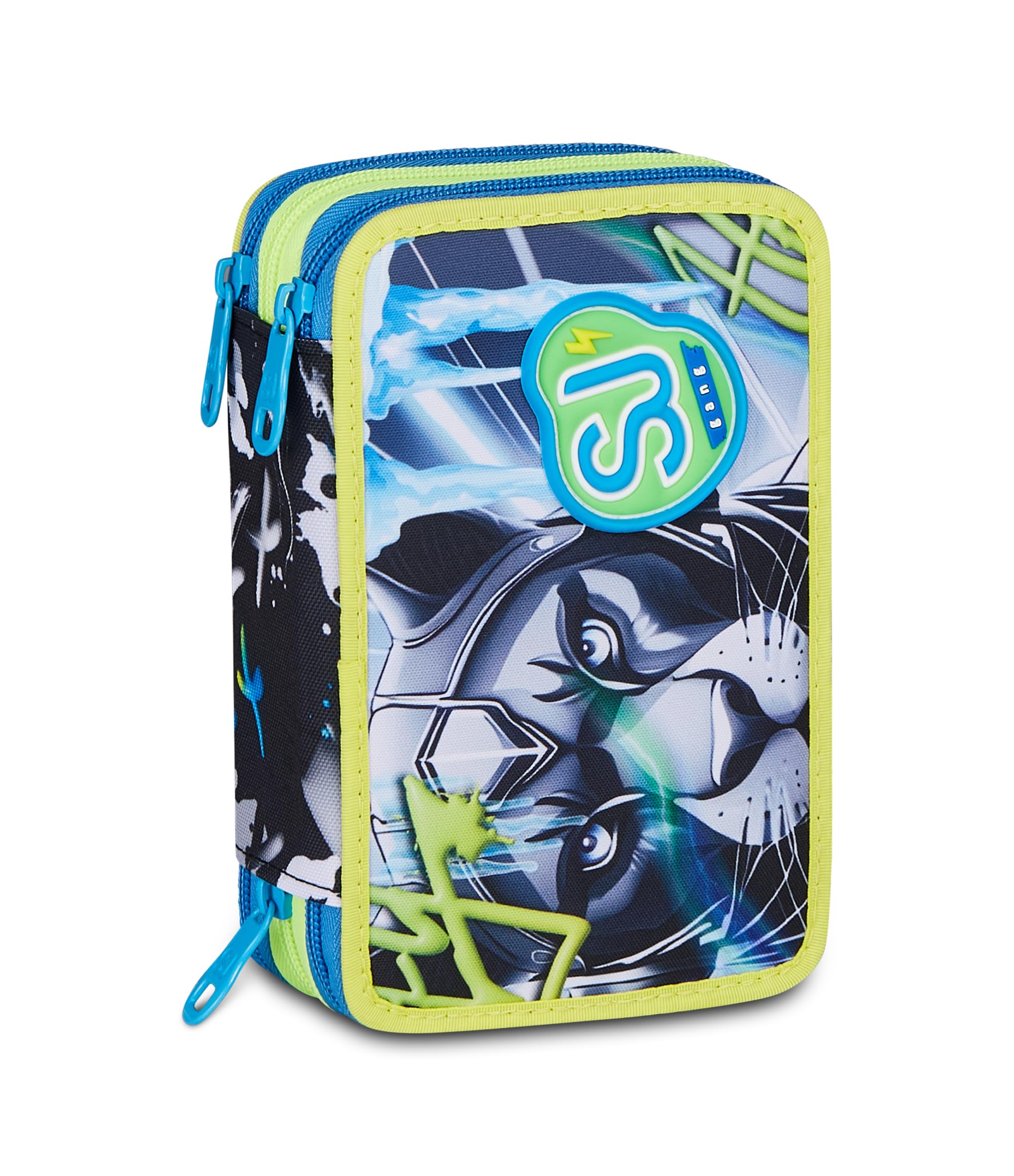 SJ GANG STYLE JAM GANG Astuccio Scuola 3 Zip GLACE PANTHER BOY, Grigio, Triplo Scomparto, 45 pezzi, Set cancelleria incluso, Pratica chiusura con zip, Scuola elementare, Bambino