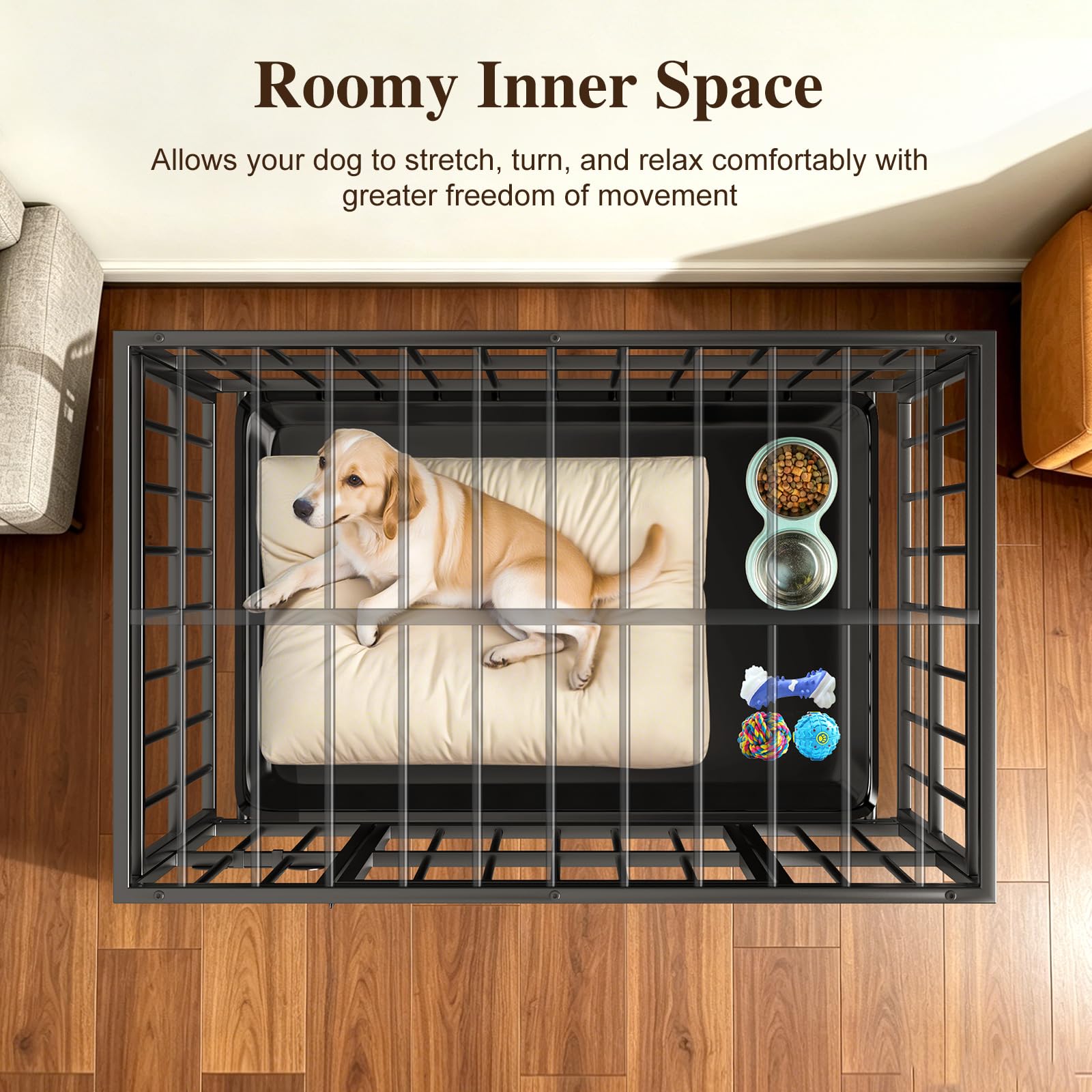 Pawaboo Haustierkäfig hochbelastbar, Hundebox, 95 x 62 x 67 cm | mit herausnehmbarer Bodenschale, leicht zu reinigen, Rostfreier Beschichtung, Gitterbox, schwarz