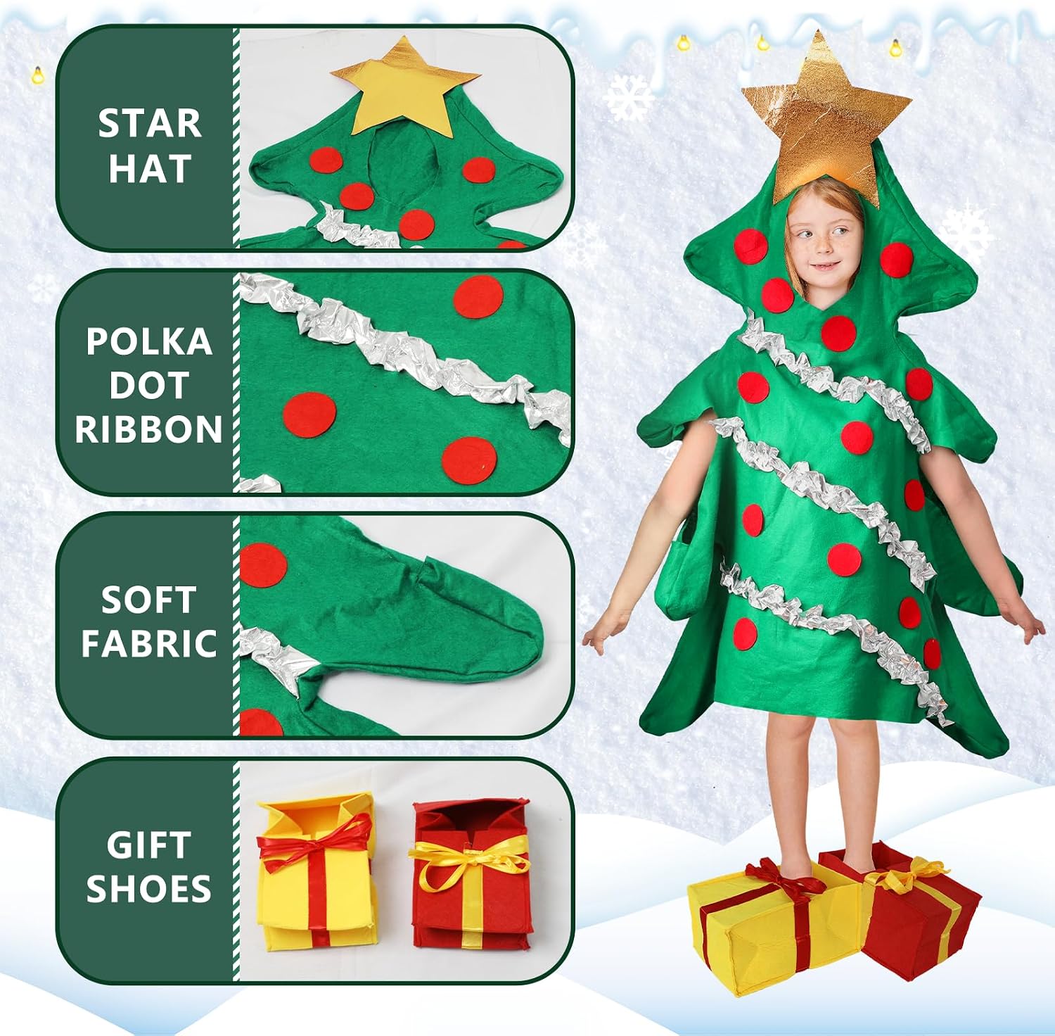 Condition photo showing New/Like New for dacnod christmas tree costume women,christmas tree dress onesie set with shoe covers for woman cosplay kid