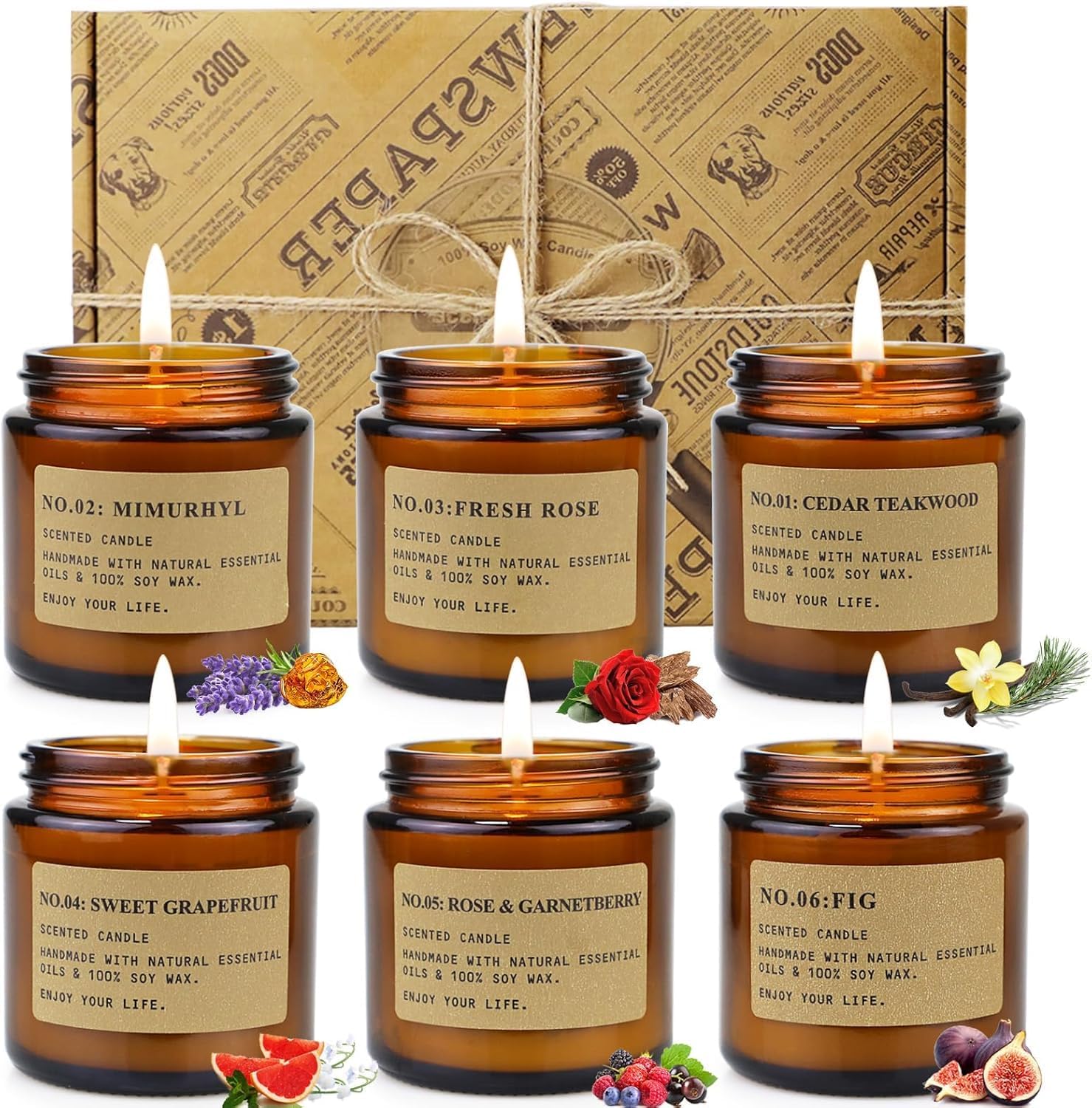 6 Pack Candles Gifts Set for Women, Home Scented Candle Amber Fig Rose Mint, Jar Candles Presents for Mom Her Woman Stress Relief, Set Birthday Weddings Present, Deep Sleep Candles
