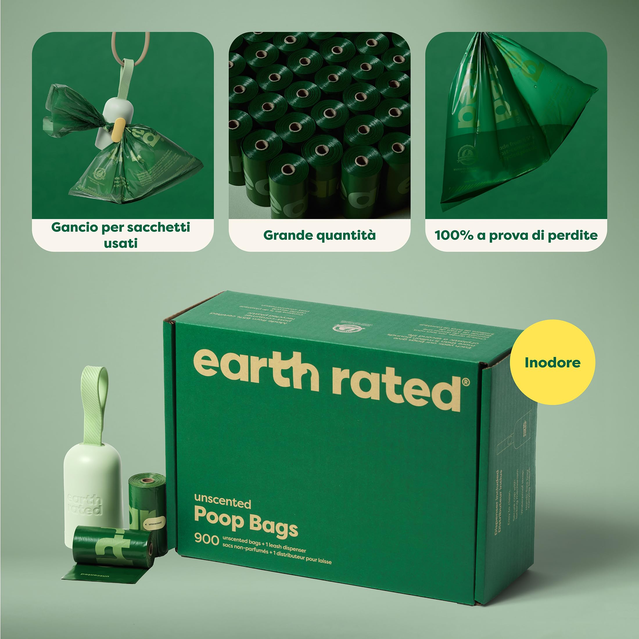 Earth Rated Portasacchetti per cani con sacchetti, resistente e a prova di perdite, senza profumo, 1 dispenser e 900 sacchetti
