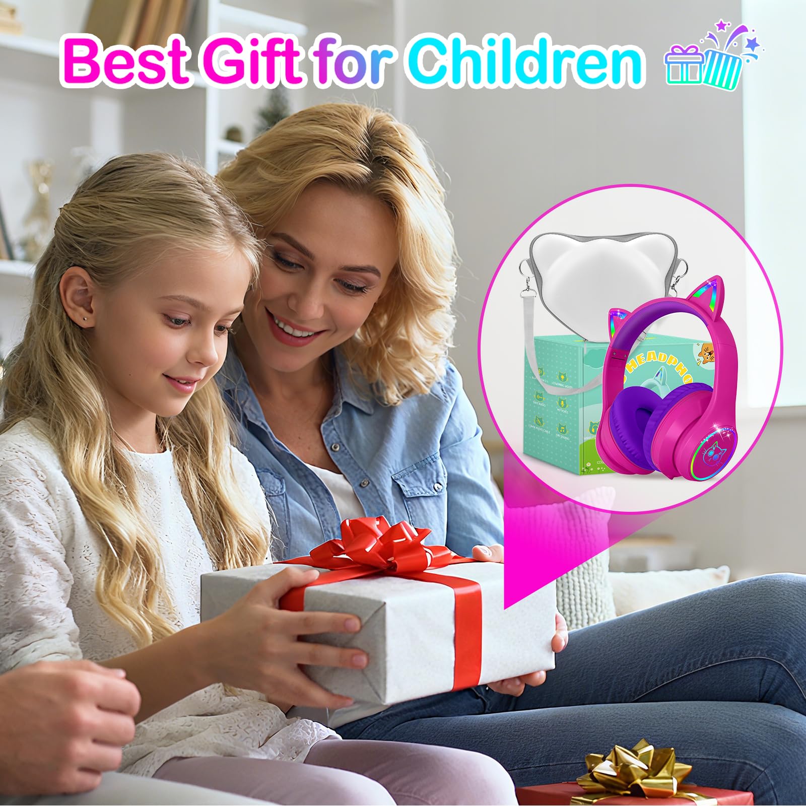 Bluetooth Kinder Kopfhörer mit Tasche, Kopfhörer Kabellos und Kabel Bluetooth für Kinder mit LED-Leuchten, Katzenohren ,Faltbar Einstellbar Over Ear Kopfhörer Kinder für Schule, Reisen (Knallpink)