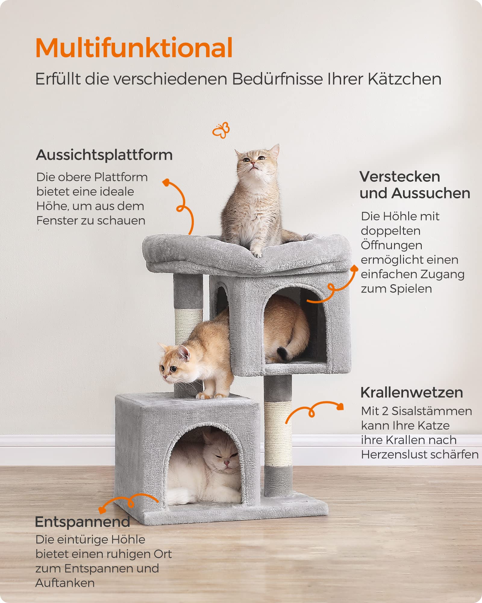 Feandrea Kratzbaum klein, 67 cm Katzenbaum, Katzenhaus für Kätzchen bis zu 3 kg, große Plattform, Sisalstämme, hellgrau PCT611W01