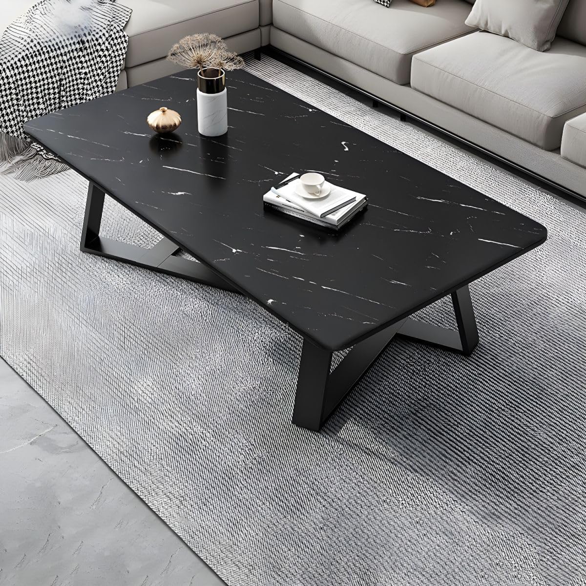 Table basse nordique moderne noire élégante en bois de qualité avec pieds en croix