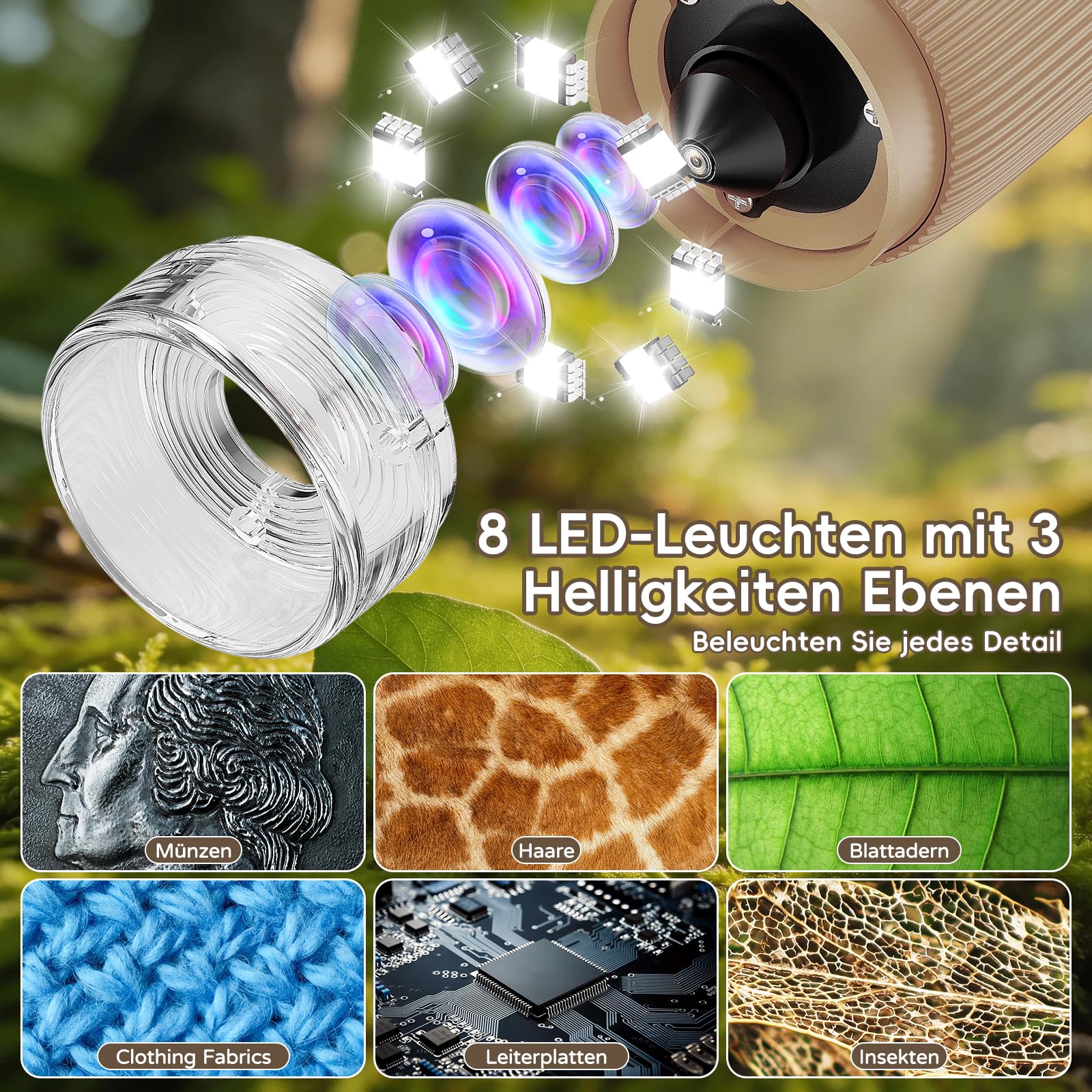 Mikroskop für Kinder - Tragbares Kinder Mikroskop 1000X, Braun | 1000X Taschenmikroskop mit Digitalem HD-Bildschirm [Inkl Fotofunktion] für Garten, Wald, Experimente & Geschenk, Kinder