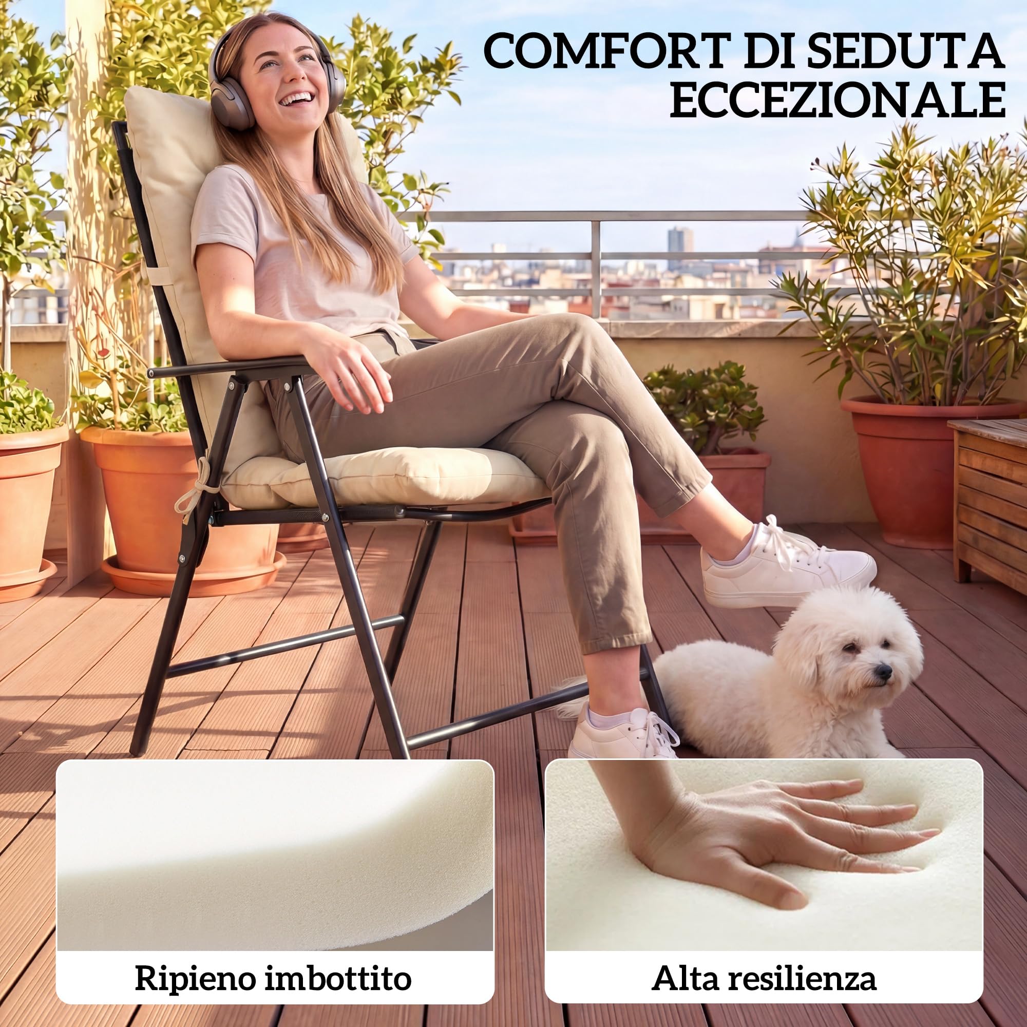 Outsunny Set 2 Cuscini per Sedie da Esterno con Lacci di Fissaggio, Cuscini da Esterno Imbottito in Poliestere e Cotone, per Sdraio Prendisole Poltrona, 50x120x8 cm, Beige