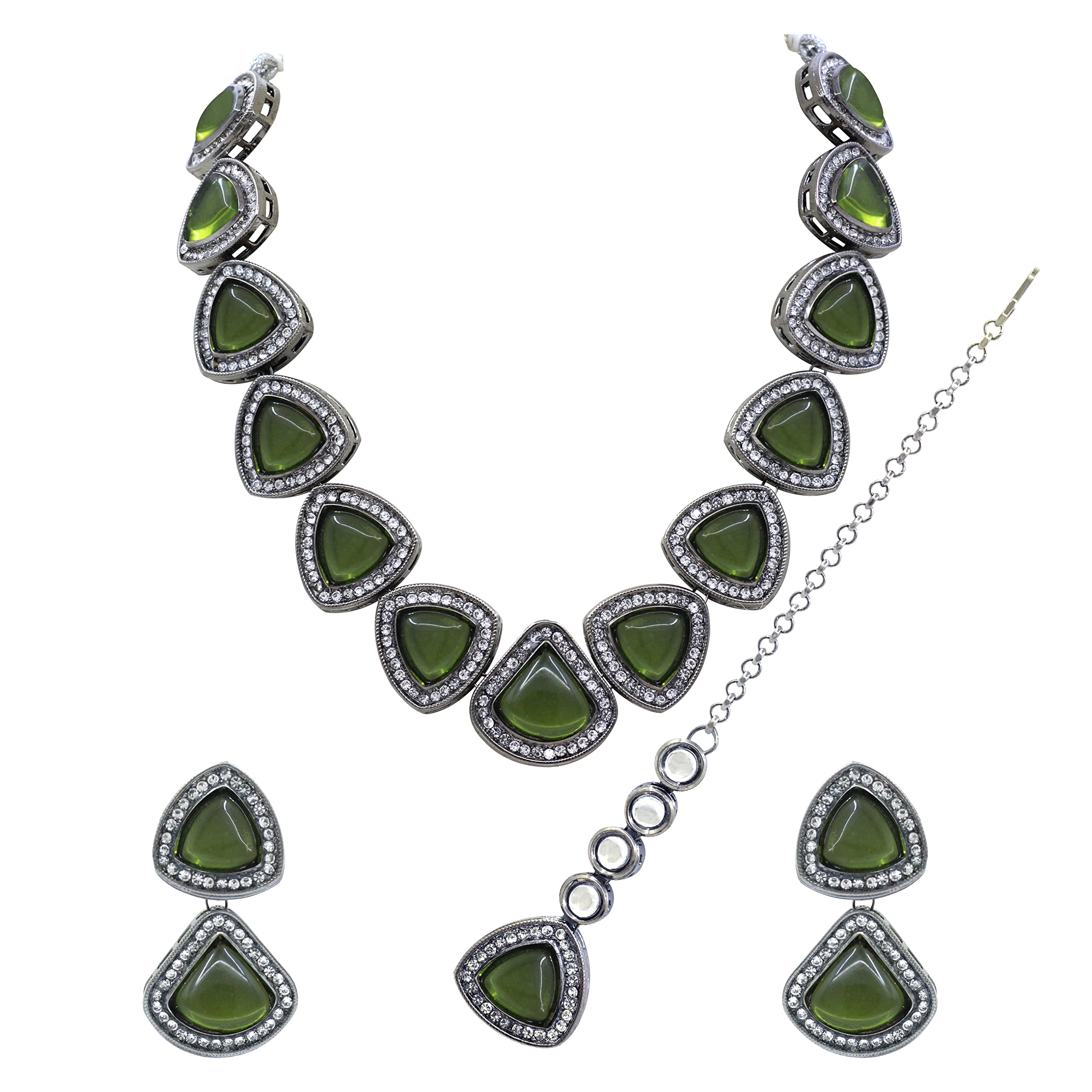Juego de joyas Kundan triangular negro con maangtikka de latón artesanal para mujer 7