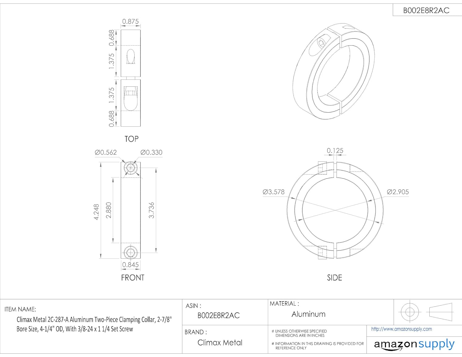 Climax Metal 2C-287-A Aluminum Two-Piece Clamping Collar, 2-7/8" Bore Size, 4-1/4" OD, With 3/8-24 x 1 1/4 Set Screw