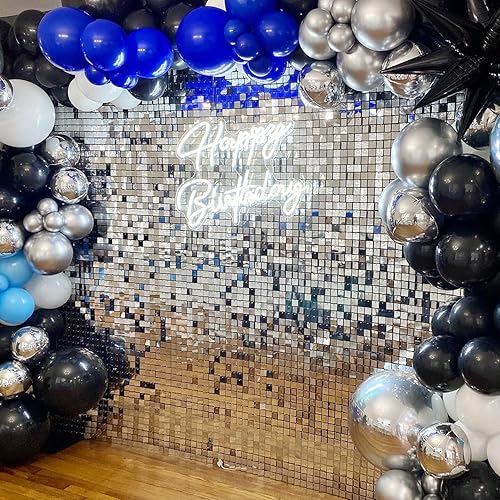 Miniatura 6 de COKAOBE Fondo de pared plateado brillante, 36 piezas de panel de fondo cuadrado de lentejuelas brillantes, fondos de fotos para cumpleaños,