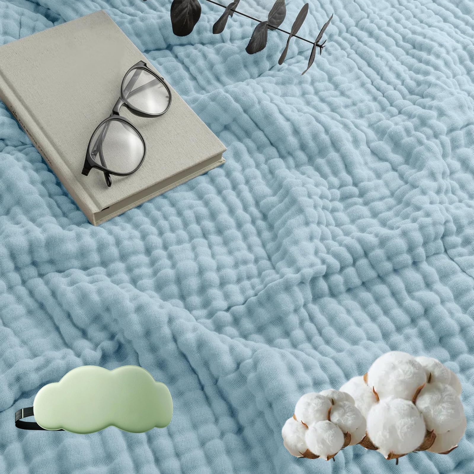 Manta de Muselina, Suave Manta de Muselina 150 x 200 cm, Mantas de Muselina de Algodón para Adultos, Ligera Transpirable Suave y Fresca, Mantas de Verano para Cama Sofá (Sky Blue,150*200cm)