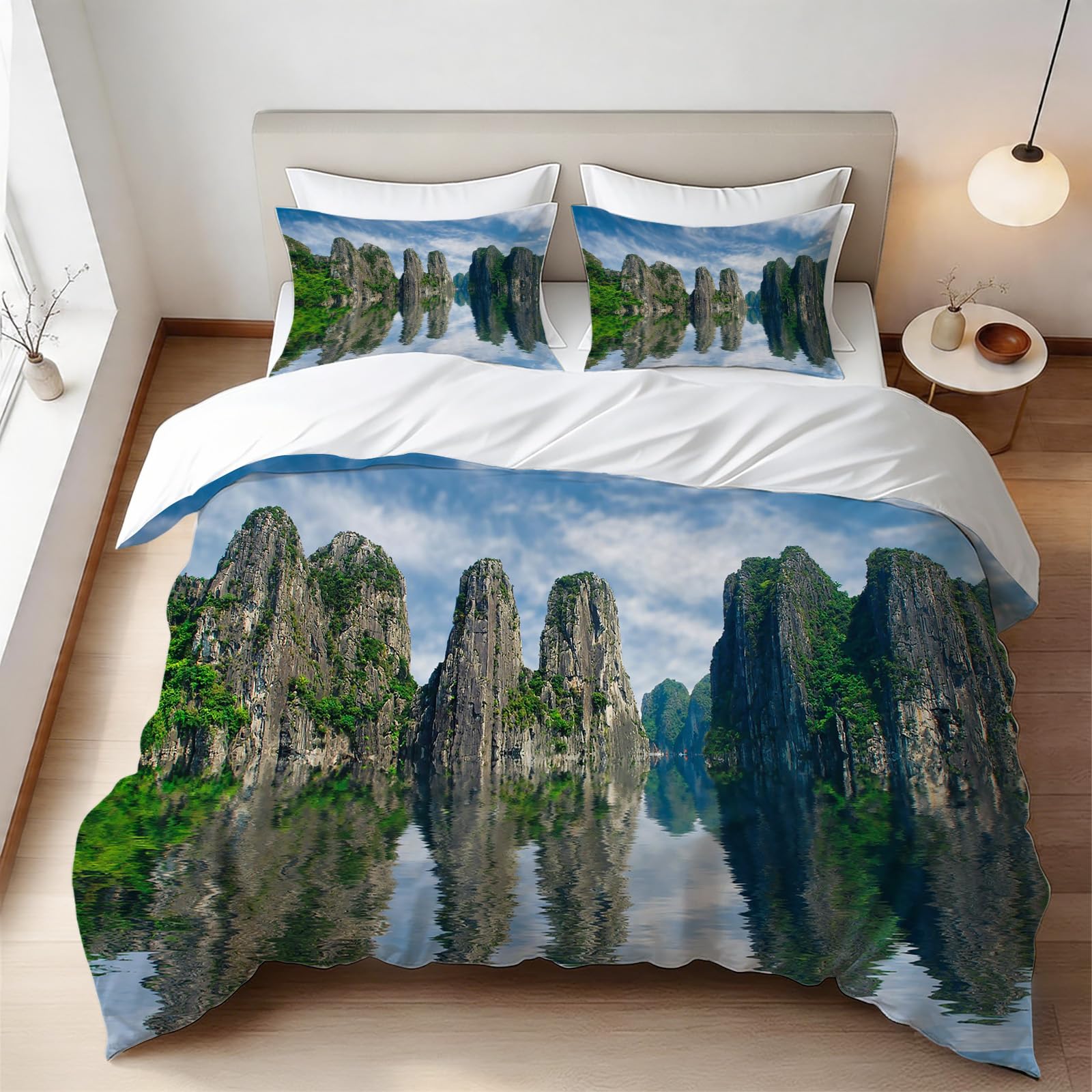 Parure de lit 1 personne housse de couette 160x200 cm paysage forestier avec taies d'oreiller