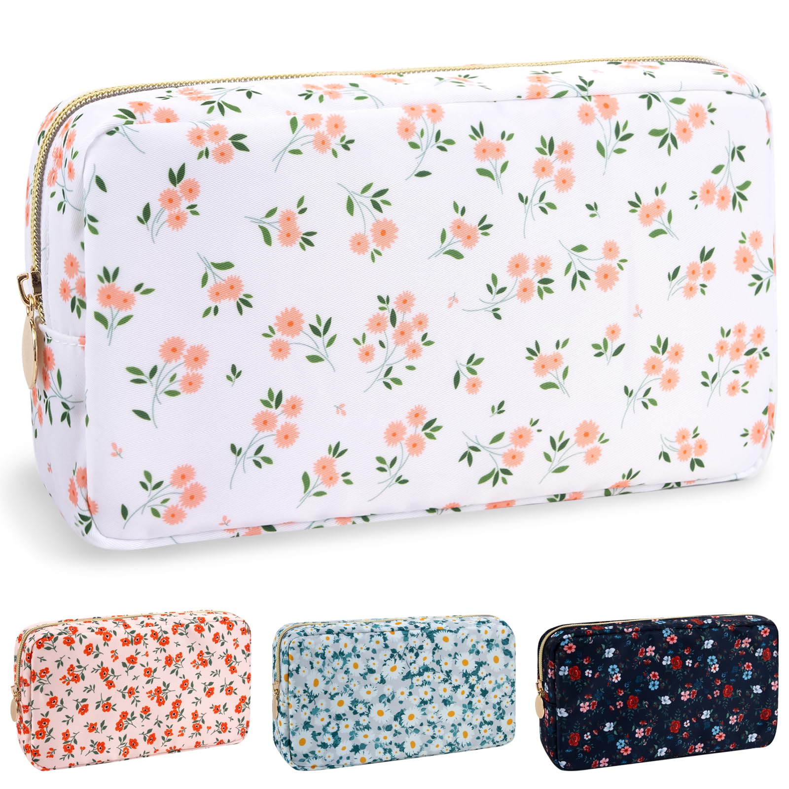 Nylon Small Floral Makeup Bag for Purse, Cute Preppy Travel Makeup Bag Flower Cosmetic Zipper Pouch Purse, Waterproof Toiletry Bag Make Up Organizer