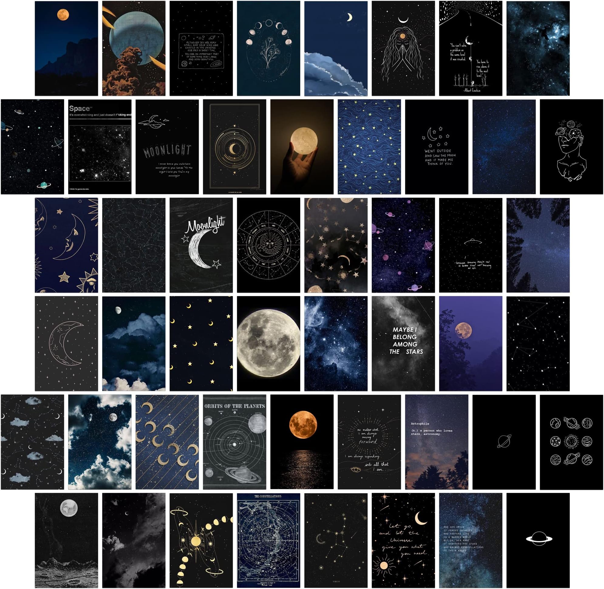 Wall Collage Kit Aesthetic Pictures,Moon & Stars Photo Collage Kit Dorm Room Decor for Teen Boy Girl,Trendy Room Decor Photo Collection for Bedroom (50pcs 4x6 inch)