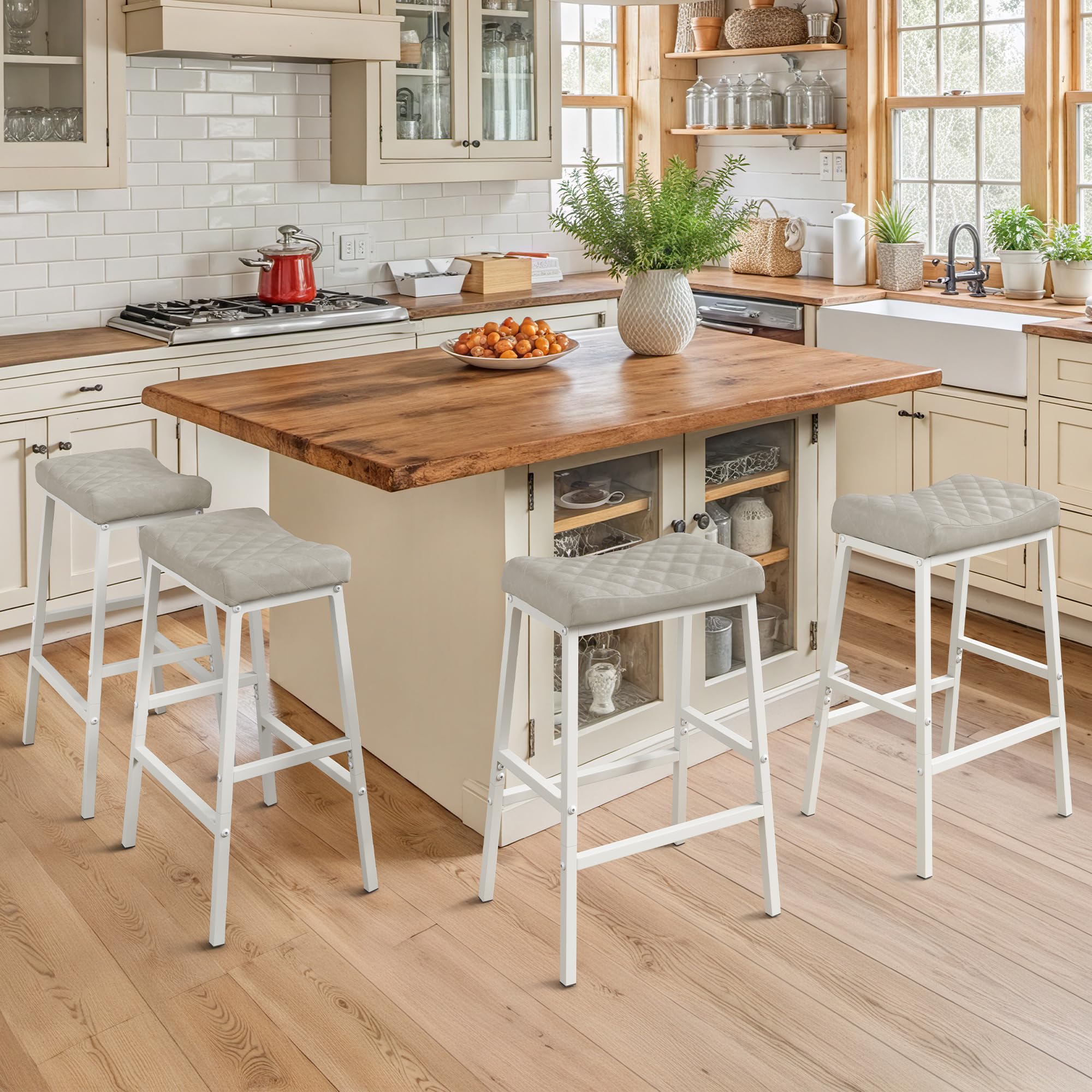 Compsia Counter Height Bar Stools Set of 4, Barstools with Thick PU Leather Saddle Seat & White Metal Legs,24Inch Kitchen Counter Stools,Light Beige