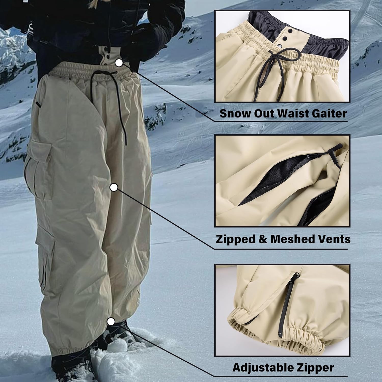 SNOWVERB Womens Mens Baggy Waterproof Snowboarding Pants Unisex Snow Cargo Warm Insulation Ski Pants - Image 4