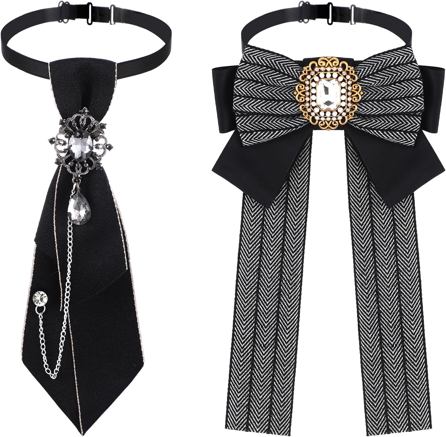 2 Pcs Adjustable Pre-Tied Ties and Bow Ties Set for Women Rhinestone Bowties Neckties for Uniform Gothic School