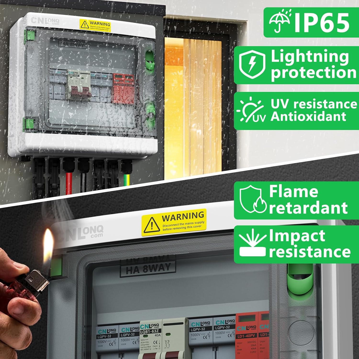 2 String Solar PV Combiner Box IP65 2 in 1 Out DC500V 40A Circuit Breaker with Surge Protector and 20A PV Fuse,Solar Disconnect Switch Outdoor Waterproof for Solar Panels System