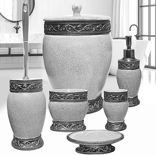 Juego de 6 accesorios de baño que incluye basura, vaso, soportes para cepillos de dientes, jaboneras, dispensador de jabón y cepillo de inodoro,