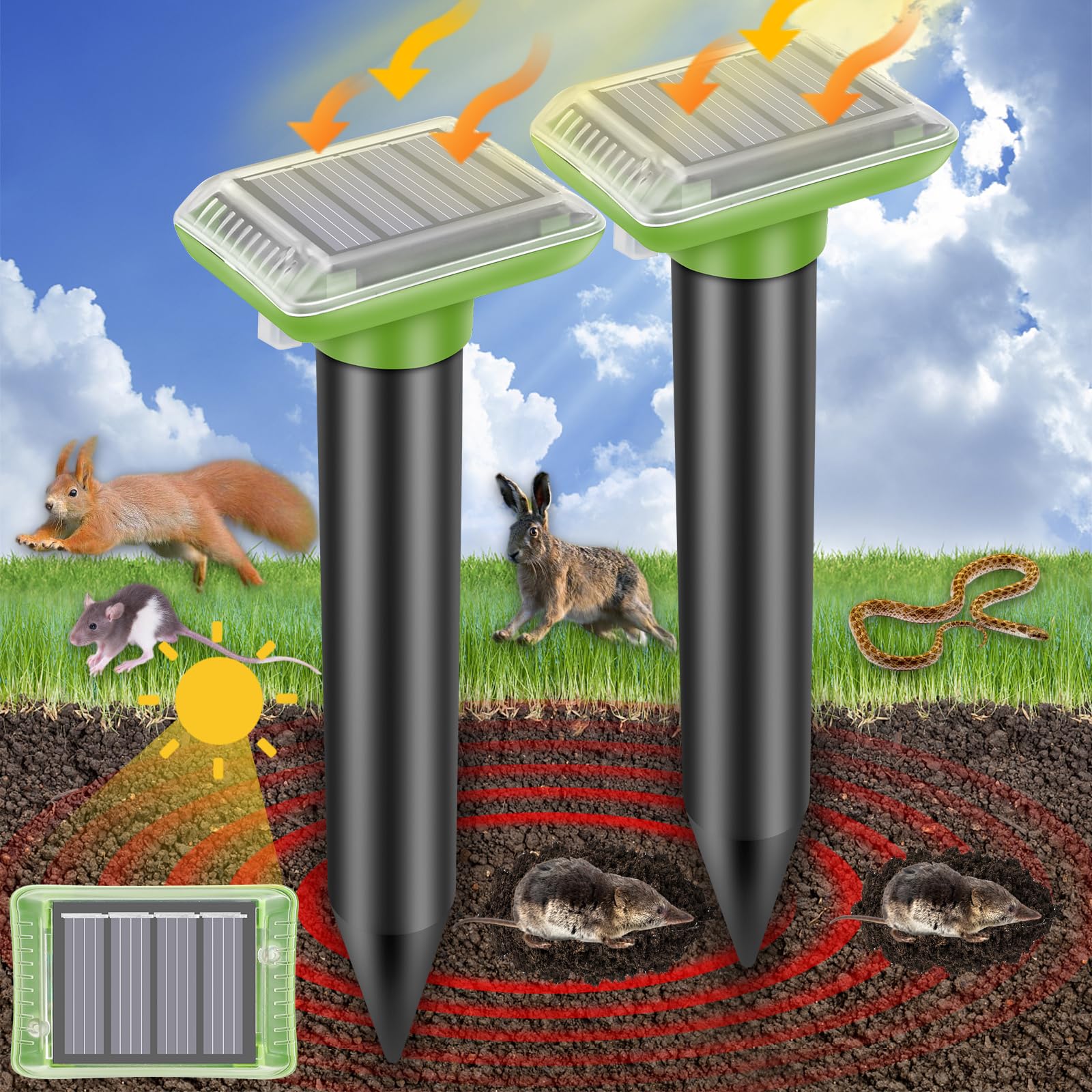 Ultrasonic Mole Repellent Outdoor, 2 Pack Solar-Powered Gopher Mole Repellent for Lawn, Waterproof Mole Killer Traps for Yard, Effectively Repels Gophers Snake Chipmunks Voles Groundhogs-Green