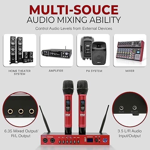 Miniatura 4 de Pyle Sistema de micrófono inalámbrico UHF - Receptor mezclador de sonido digital portátil con Bluetooth, 2 micrófonos de mano, base receptora,