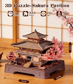 Rolife 3D Wooden Puzzle Sakura Pavilion, DIY Japanese Architecture Model & Miniature House Building Kit for Adults, 235PCS Wood Craft Puzzle, Cherry Blossom Home Decor for Teens and Adults