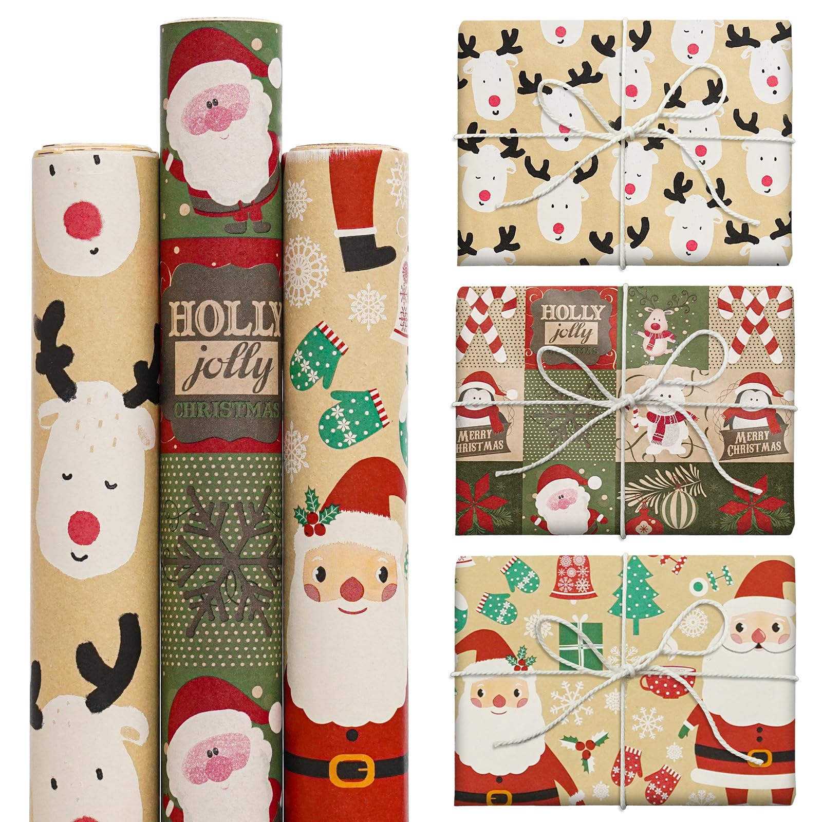 Koncci 3x5M Christmas Wrapping Paper, 60cm Extra Wide Reindeer Kraft Paper