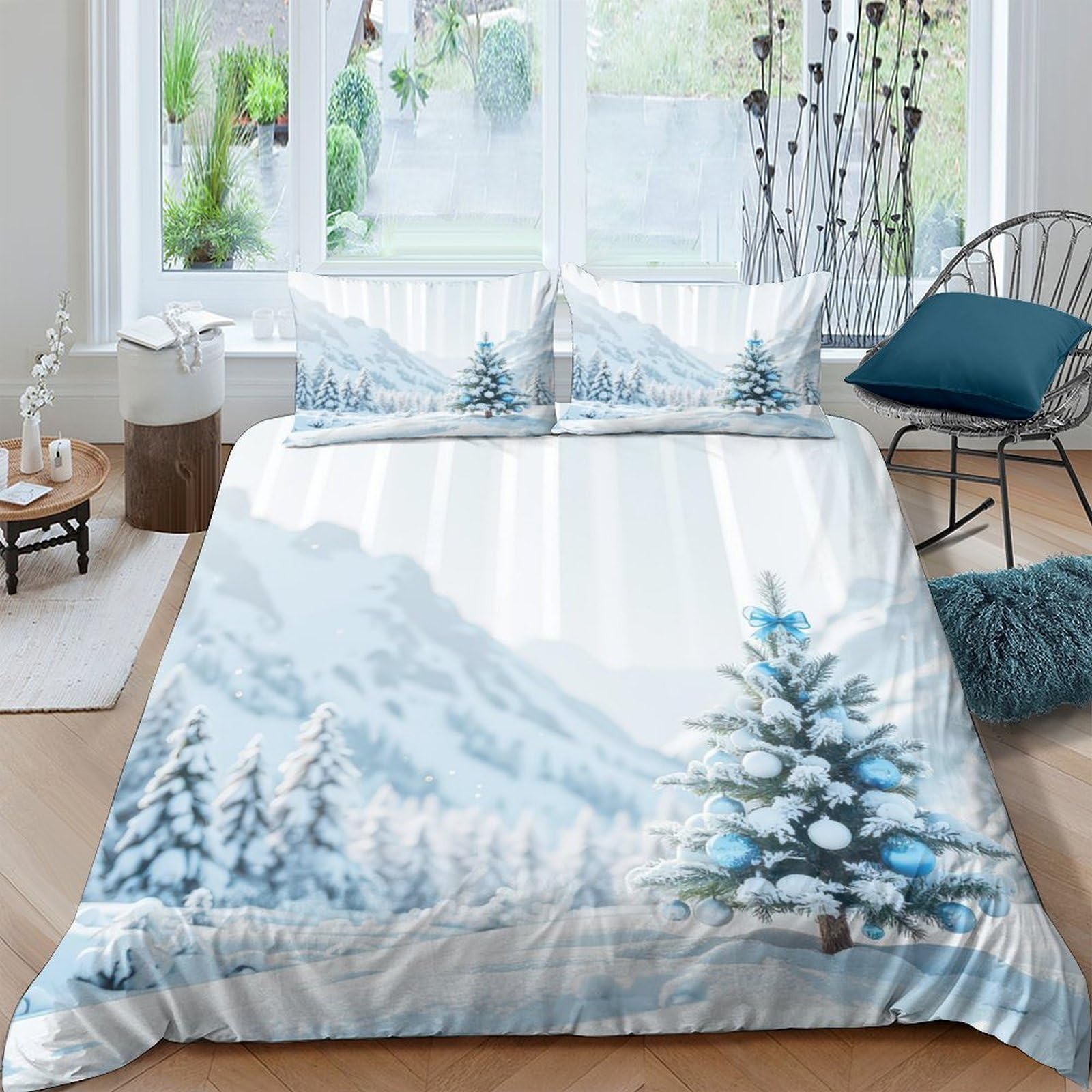 GPLZQXKJNH 3D Printed Snowy Mountain Duvet Cover Microfiber Soft Breathable Pine Forest Bedding Set with 2 Pillowcases for Bedroom Decor Single（135x200cm）