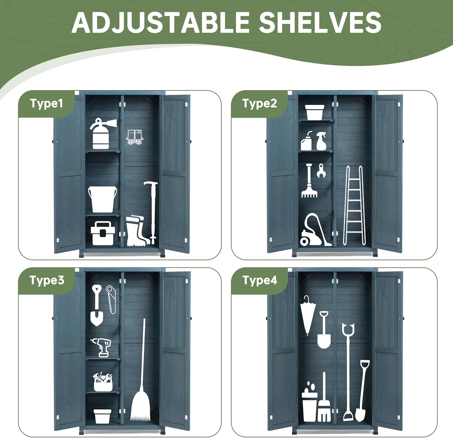 Outdoor Storage Shed with Floor & Adjustable Shelves, Wooden Garden Tool Cabinet Weatherproof, 71" Vertical Patio Organizer