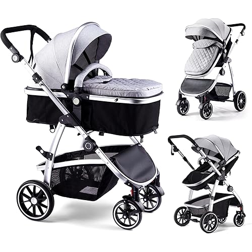 Baby Stroller, 2-in-1 Reversible Stroller with Bassinet Mode, Foldable Infant Stroller with Canopy, One Button Brake, Adjustable Handle, Newborn Stroller (Gray)