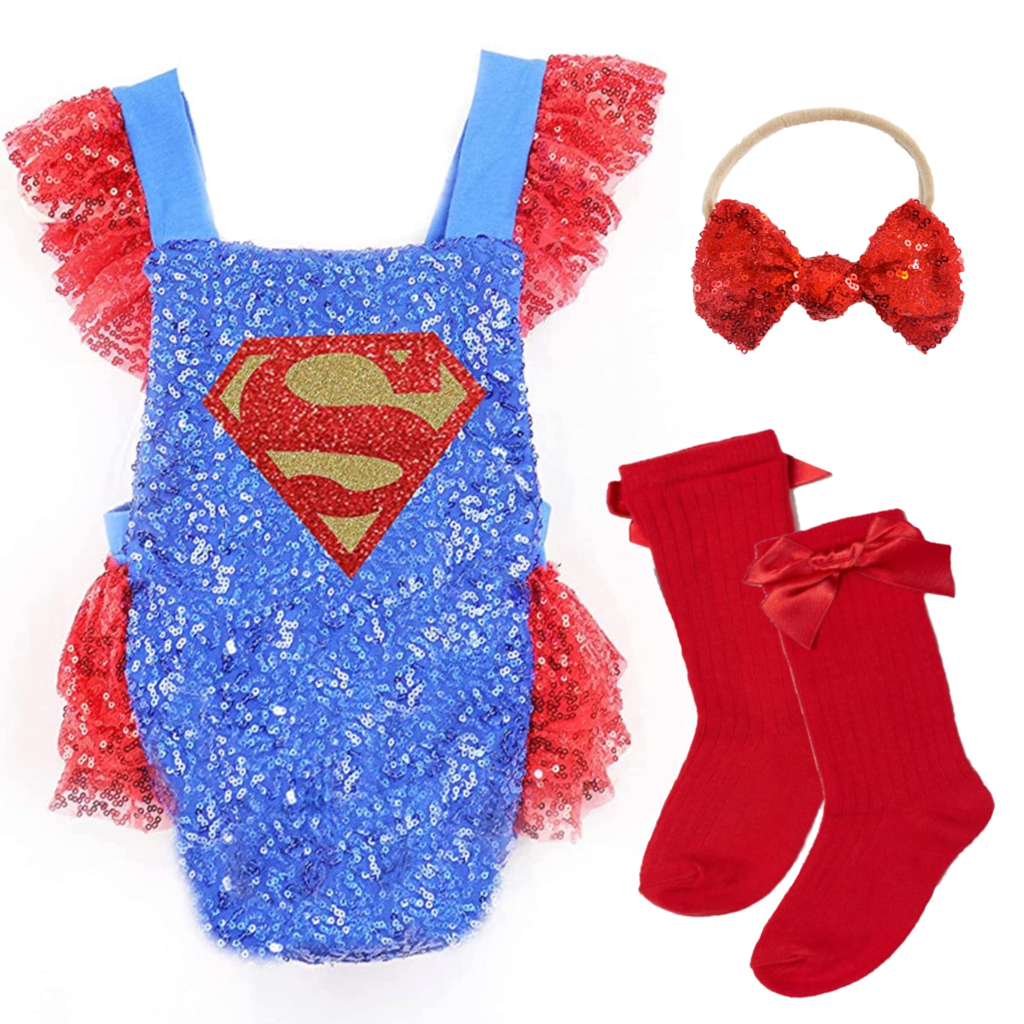 kids kingdom boutiqueSuperhero baby Girl superhero Halloween super Costume customized baby girl costume superhero girl sequin romper high knee socks and matching bow (3-6 month)