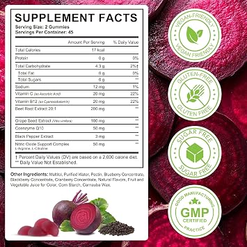 Beet Root Gummies 200mg - 8-in-1 Heart & Circulation Support Supplement - High Potency Beet Chews with Beetroot, Grape Seed, CoQ10, Vitamin C & B12 - Mixed Berry Flavor, Vegan, 90 Count